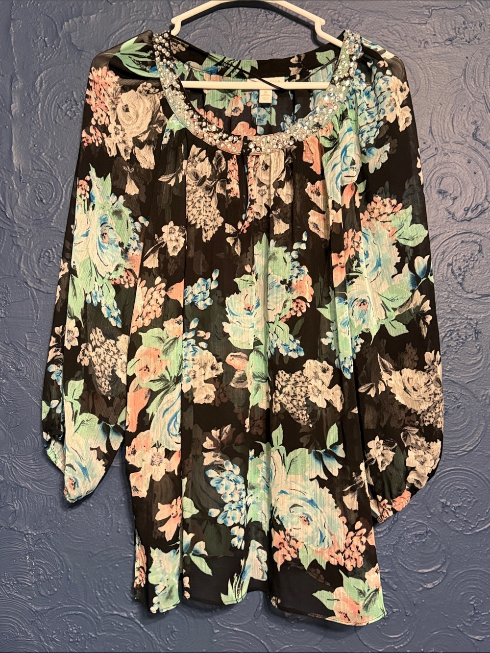 Charter Club Black Floral Blouse with Blue & Pink Blooms